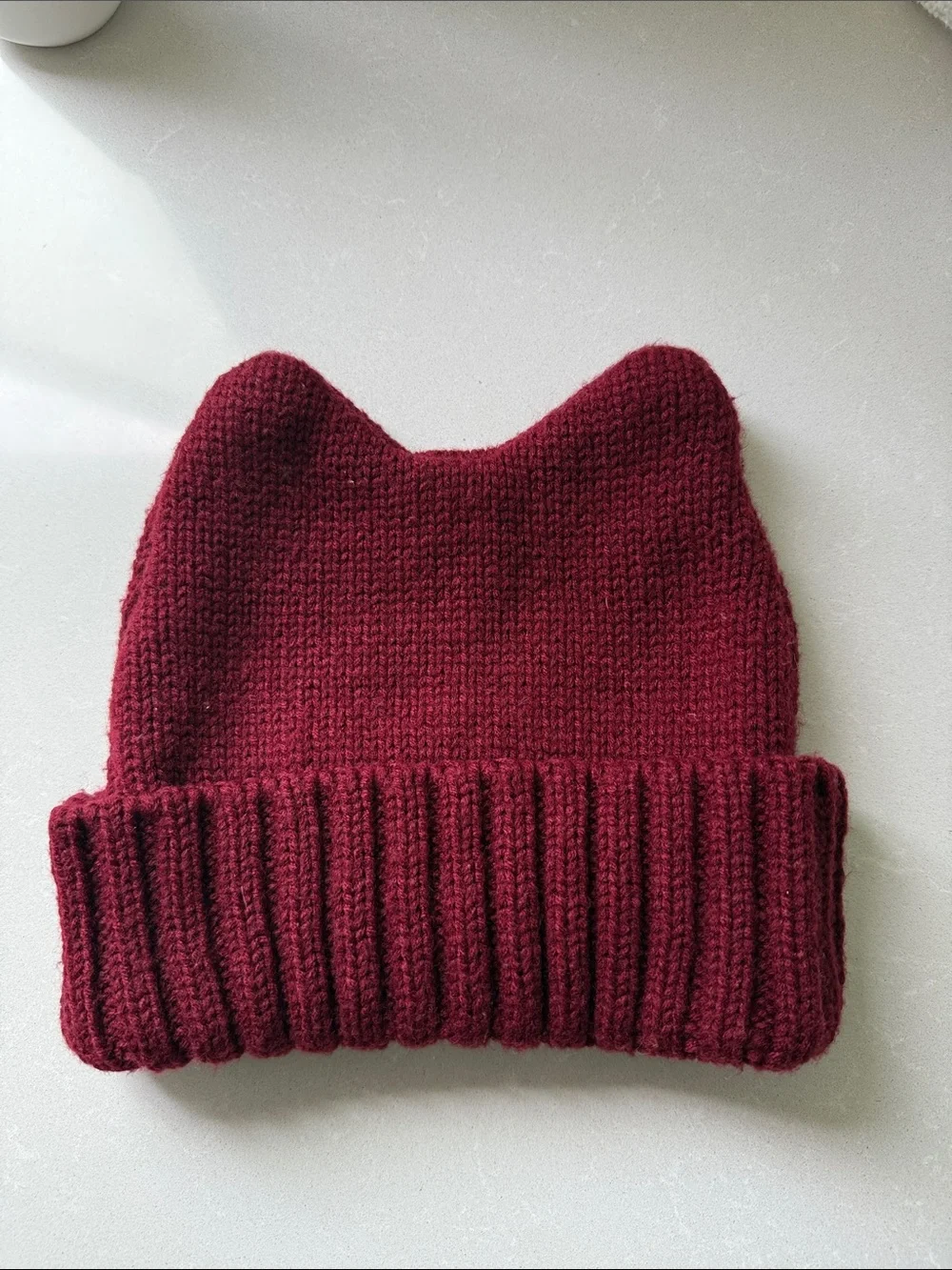 Burgundy Knit Beanie with Playful Eyes